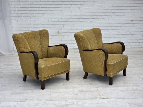 Image 1 of 1960er Jahre, Dänisches Design, Sessel, Originalzustand, Möbelstoff, dunkles Buchenholz.