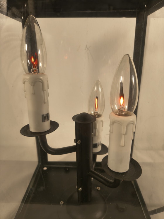Image 1 of Klassische Laternen-Tischleuchte mit 3 Kerzenfassungen – schwarzes Metall und Glas