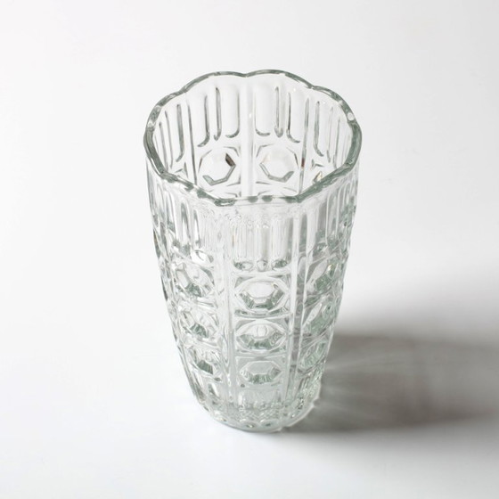 Image 1 of Mid-century Vintage Solid Heavy Clear Hand Pressed Glass Flower Vase / Fidenza / Italy / 1960s