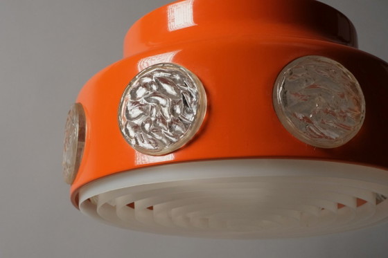 Vitrika Hanglamp, Oranje met ingelegde Medaillons, 1960s Danish Modern Verlichting. – Hanglampen, Aluminium (photo 4 of 12)