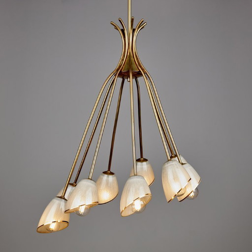 MK9466 Vintage glass and brass chandelier, 1950