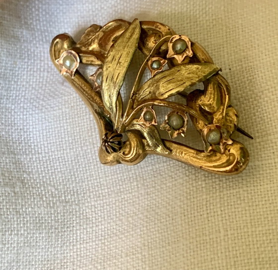 Broche Art Nouveau vers 1900 – Or « Titre Unique » – décor végétal aux perles fines – AF, Cadeaux, Metal (photo 6 of 14)