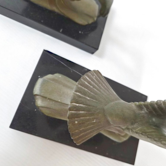 Image 1 of PAIRE DE SERRE-LIVRES VINTAGE 1950 MOUETTE SUR LA VAGUE EN MARBRE & METAL 50S