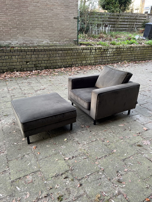 WOOOD Robin armchair warm green velvet with ottoman