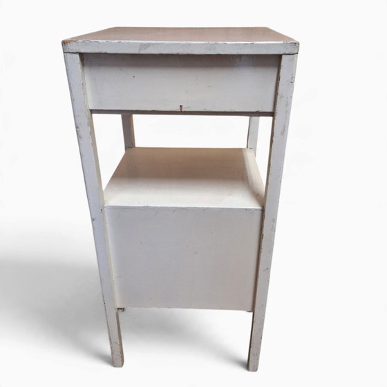 Vintage Nightstand / Cabinet with Drawer and Door, Wood, Plastic, White (photo 6 of 8)