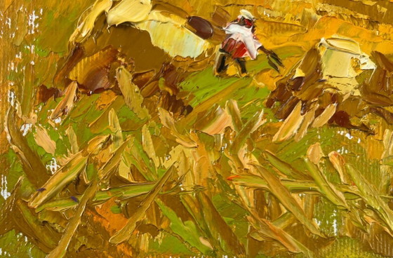 Image 1 of Original Oil Painting Summer Day Landscape Work in the field