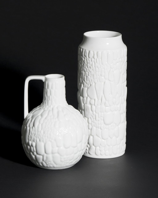 Manfred Frey AK Kaiser Glossy Porcelain Vase Fossil REPTILE Relief Op Art DUO