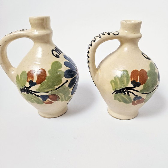 Image 1 of Hungarian Folk Art Pottery | 2 Pcs Set Vintage Traditional HandPainted Floral Ceramic Jugs Pitchers Vases