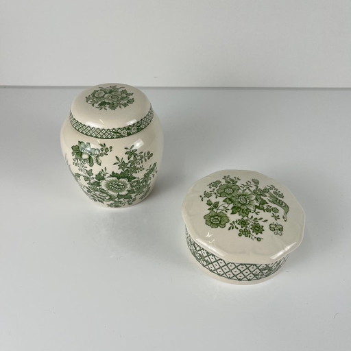Een paar Mason's Ironstone-dozen, "Stratford"-groen decor, Engeland, 1970