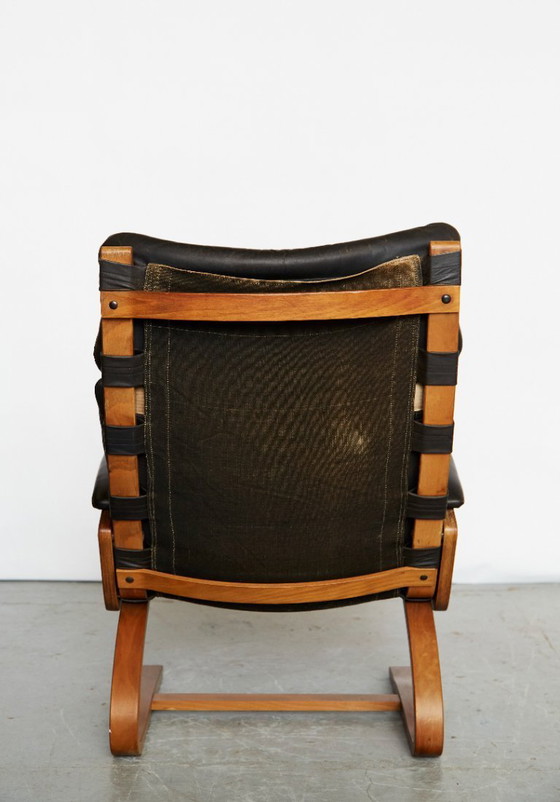 Image 1 of Sedia a sbalzo scandinava in pelle con poggiapiedi di Elsa & Nordahl Solheim per Rybo Rykken, anni '60, set di 2