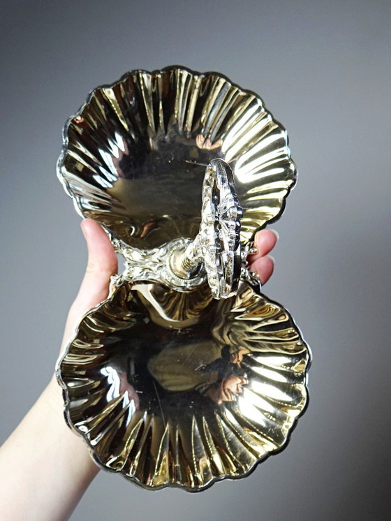 Image 1 of Antique double serving set in light gold-tone metal, vintage shell cup design, 1950s-1970s