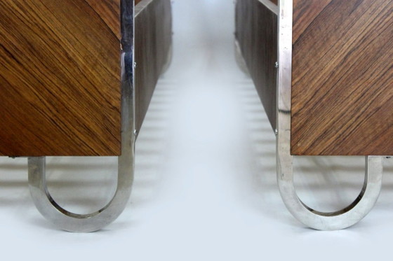 Lits 1 personne Bauhaus restaurés, Tchécoslovaquie, années 1930, Lot de 2, Bois, Chrome, Marron, Art Deco (photo 3 sur 15)