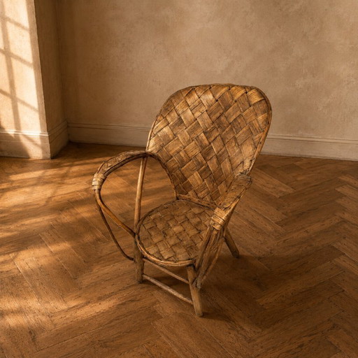 Vintage rieten fauteuil met hoge rugleuning, jaren 60-70