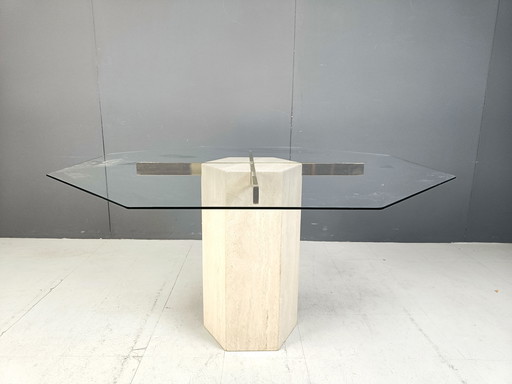 Vintage Octagonal Travertine And Brass Dining Table By Artedi, 1970S