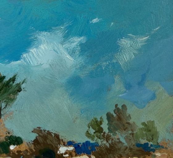 Image 1 of Origineel olieverfschilderij: Kustlandschap langs een rivier, wandelend nabij een bosvijver.