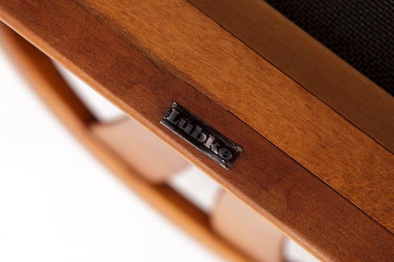 Image 1 of Set di 4 sedie da pranzo vintage di Lübke - Germania anni '70 - Legno di ciliegio e tappezzeria grigia