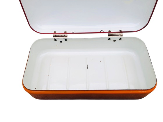 Image 1 of Oranje vintage emaille broodtrommel | metalen midcentury brooddoos