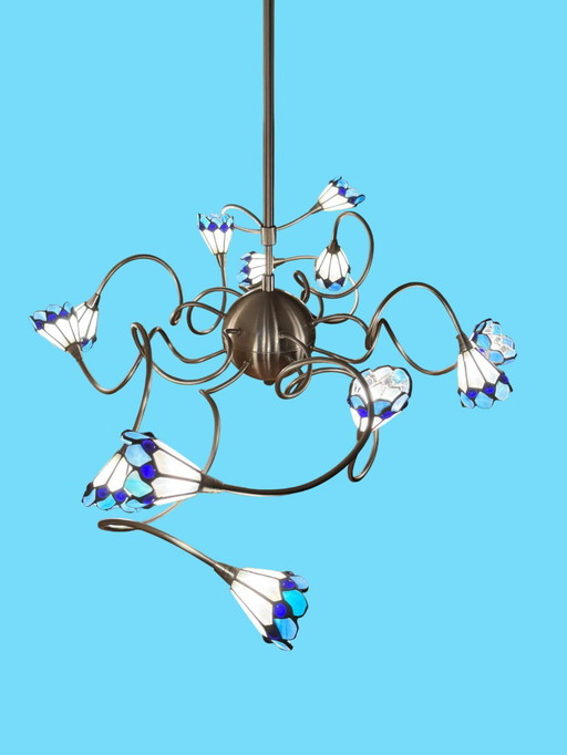 Lampada da soffitto di design a 12 luci con paralumi in vetro colorato | Altezza regolabile | Ottime condizioni