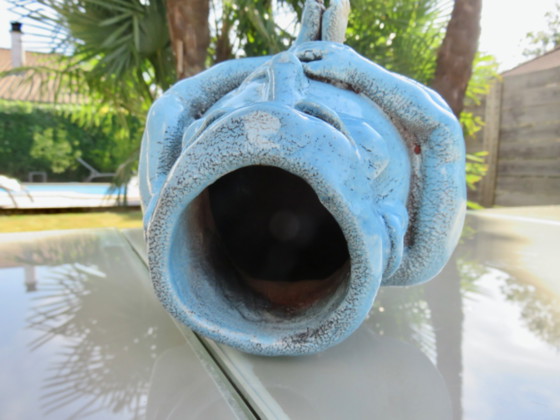 Image 1 of anthropomorphic vase in blue glazed ceramic, 1990