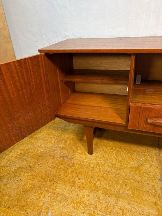 Image 1 of Mid-Century Retro Vintage Teak Small Sideboard by Jentique 1960s  Sliding Glass Doors • Elegant Danish Influence • Perfect Compa