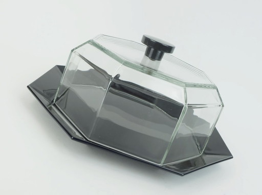 80s arcoroc octime black cake plate with cloche or cheese dome black glass and clear glass