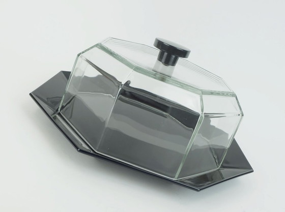 Image 1 of 80s arcoroc octime zwart gebaksbord met cloche of kaasstolp zwart glas en helder glas