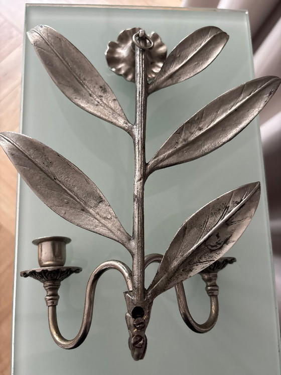Pair of floral wall sconces, silver-colored metal, Candle holders (photo 11 of 11)