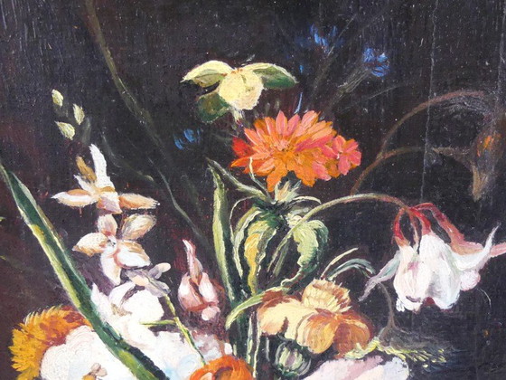 Image 1 of Nature morte aux fleurs – huile sur panneau – signée PvH – cadre doré de V. Dechamps – Habelange (Liège)