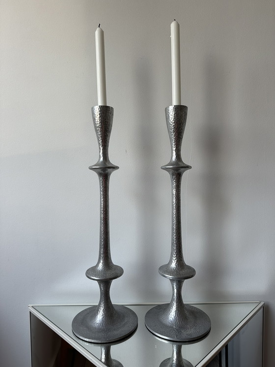 Image 1 of Two Big Vintage Aluminium Hammered Candle Holders