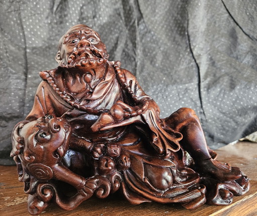 Antike handgeschnitzte Luohan/Damo-Statue – beeldhouwkunst, Wood