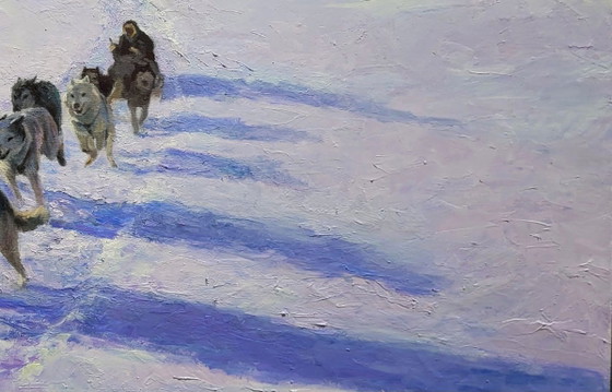 Image 1 of Pintura al óleo original: Paisaje nórdico con perros de trineo en las montañas.