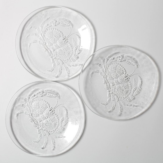 Image 1 of Set of 3 Vintage Kosta Boda Glass Dinner Plates / Marina Crab Design Sweden / 1970s