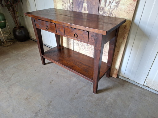 Koloniaal teakhouten sidetable, wandtafel console afm: 110x45cm en 80cm hoog.

