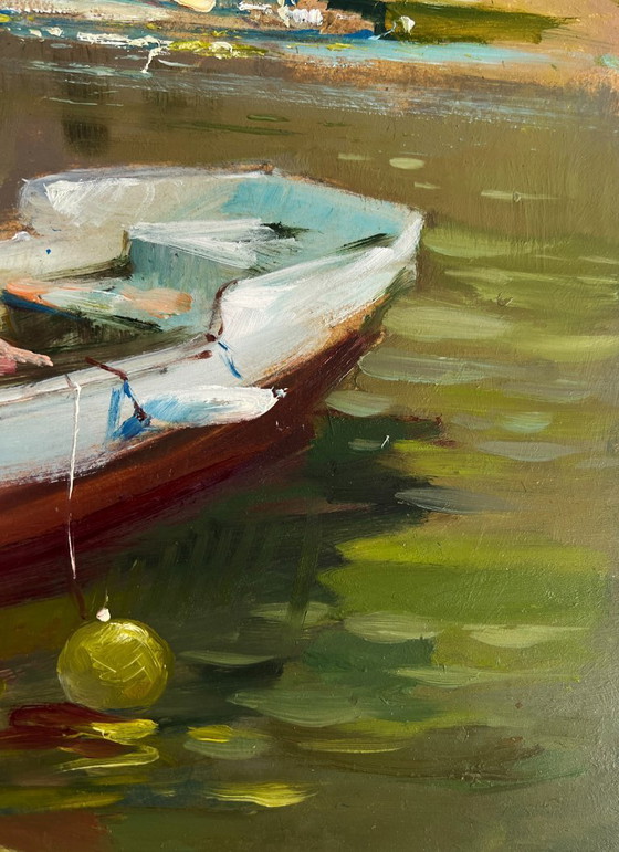 Image 1 of Original Oil Painting Summer Coastal Landscape City boat ferry