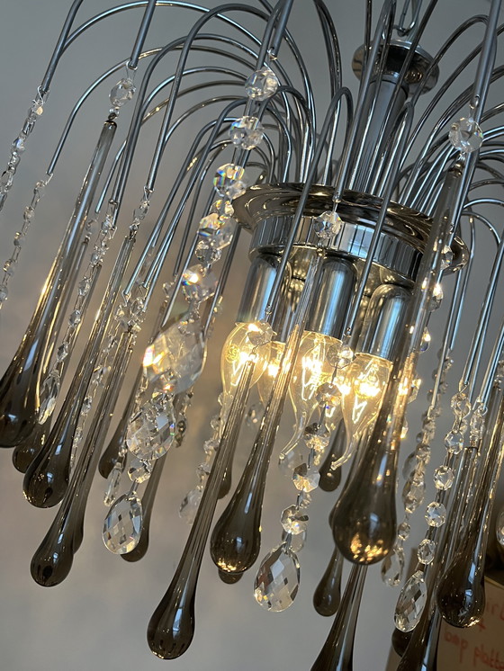 Image 1 of Lampadario a goccia XXL di design con gocce di cristallo e struttura cromata, italiano