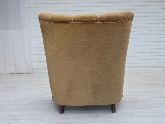 Image 1 of 1960s, Danish relax chair, original green furniture velour, carved oak wood.
