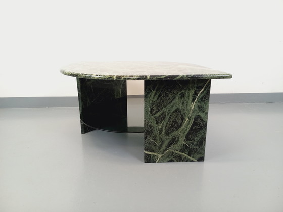 Image 1 of Vintage Square Coffee Table with 2 Tops in Green Marble and Smoked Glass from the 70s