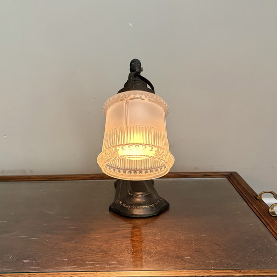 Image 1 of Art Deco desk lamp, table lamp with frosted glass, carved shade.