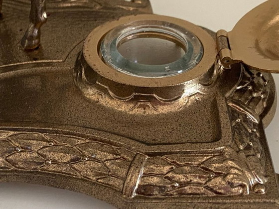 Image 1 of Écritoire à Double Encriers Modèle Atypique Métal Doré Patiné Décor Mulet Orient