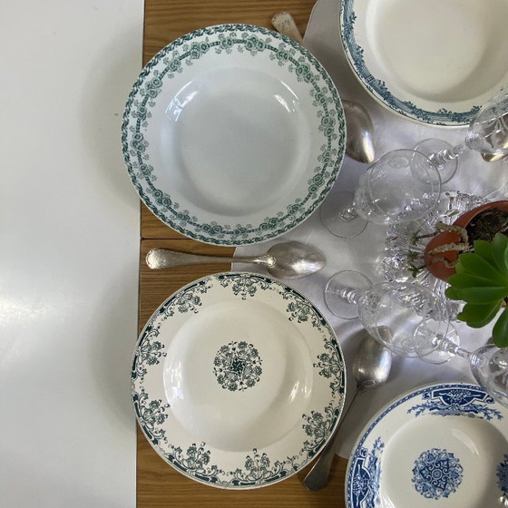 Image 1 of Set of 6 mismatched earthenware soup plates, antique Sarreguemines faience, Choisy le Roi, Longwy, Moulin des Loups