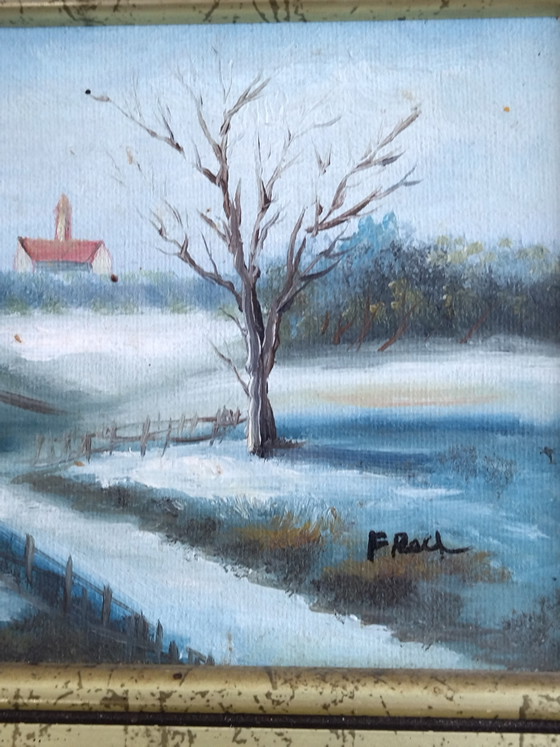 Image 1 of Antieke miniatuurschildering, winterlandschap, olieverf op hout, F. Roch