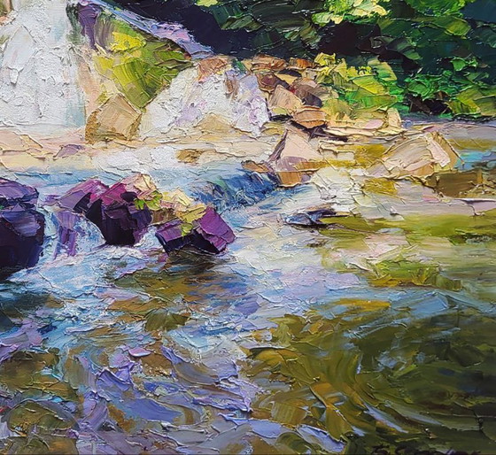 Image 1 of Original Oil Painting Natural Landscape Mountains Waterfall in Nature