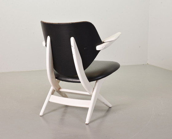 Image 1 of Louis van Teeffelen Dutch Design Pelican Arm Chair for Webe in Solid White Painted Teakwood and Black Leatherette. 