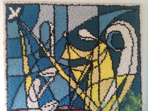 Image 1 of Wunderschönes, großes Retro-Textilkunstwerk aus Wolle aus Smyrna mit dem Titel „Verkündigung“.