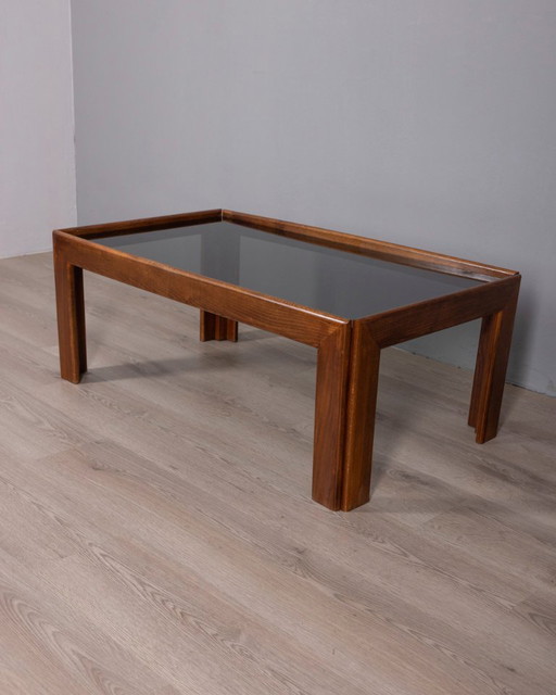 Vintage 1970s coffee table in wood and smoked glass, Italian design 
