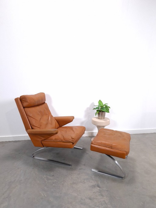Vintage COR Swing Sessel mit Hocker, Reinhold Adolf, Cognac Leder