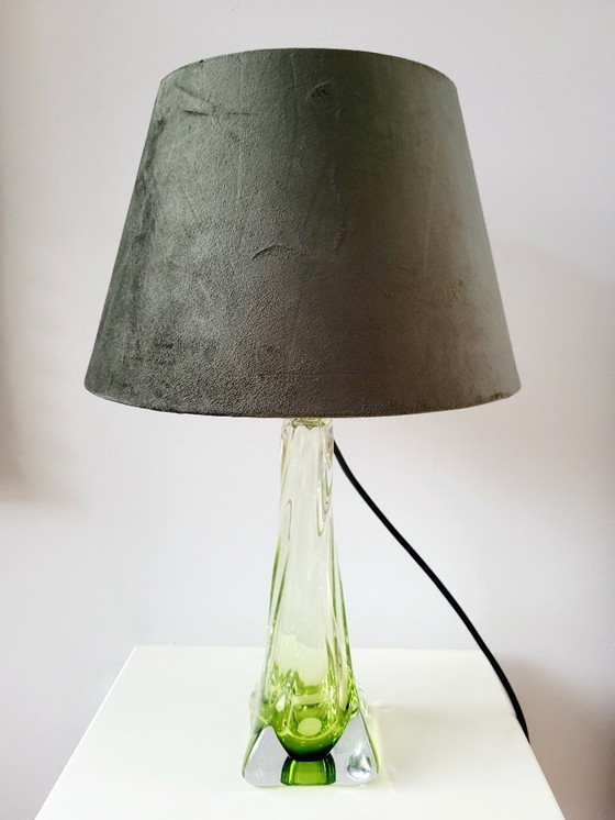 Image 1 of Val Saint Lambert crystal lamp turned base, green color, Belgium