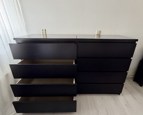 Image 1 of 2x Malm 4 drawers with smokey glass top