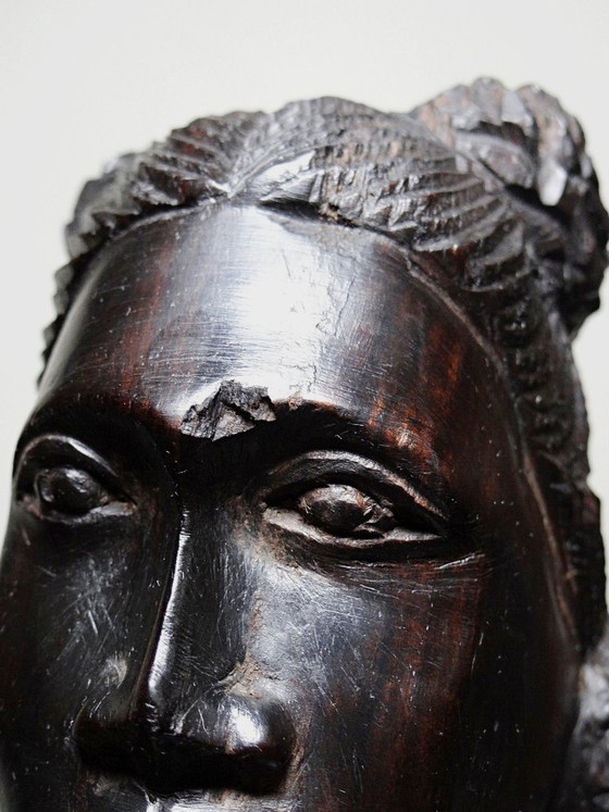 Image 1 of Couple de bustes Malgaches bois exotique foncé sculpté artisanat années 40-70