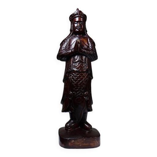Asian statuette, popular art in carved monoxyle wood, vintage .